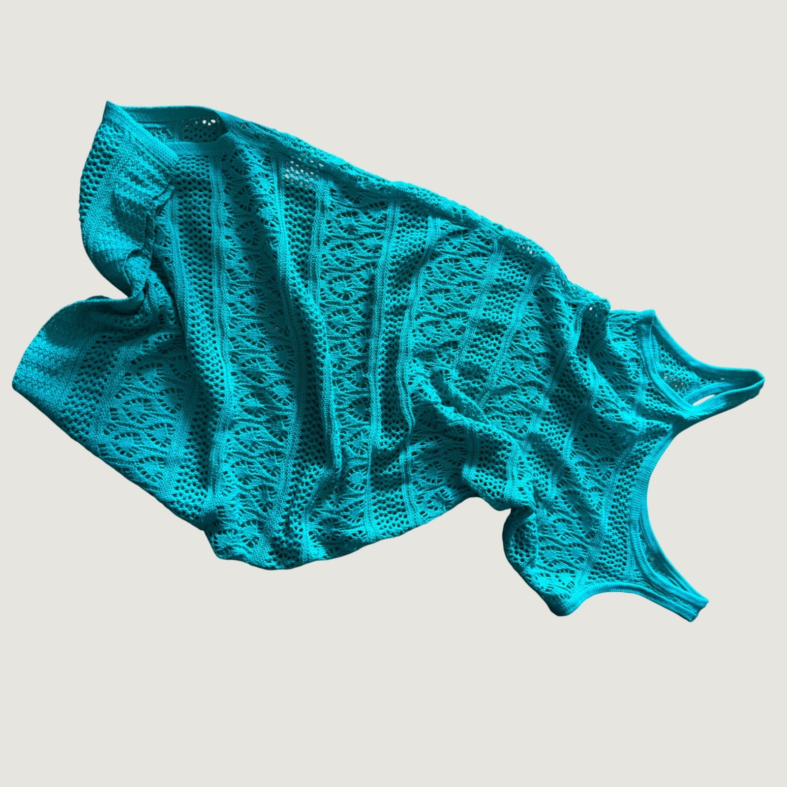 Teal Pointelle Knit Tank Top Sleeveless Crochet Style Scoop Neck Turquoise M